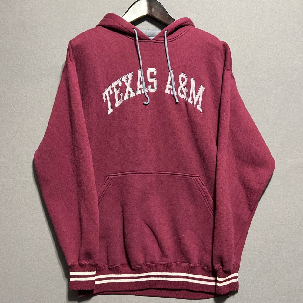 Red Oak Texas A&M University Maroon Hoodie Sweatshirt Mens Large Striped Hem